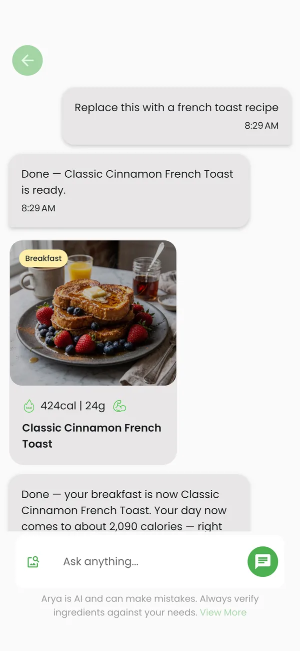 Chat with Arya swapping a meal