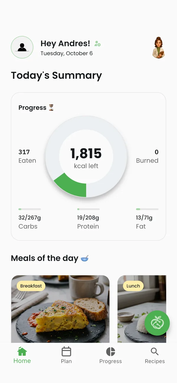 Arya home screen with today's calories, macros and meals