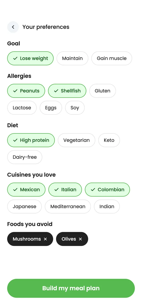 Preferences with goal, allergies, diet and favorite cuisines